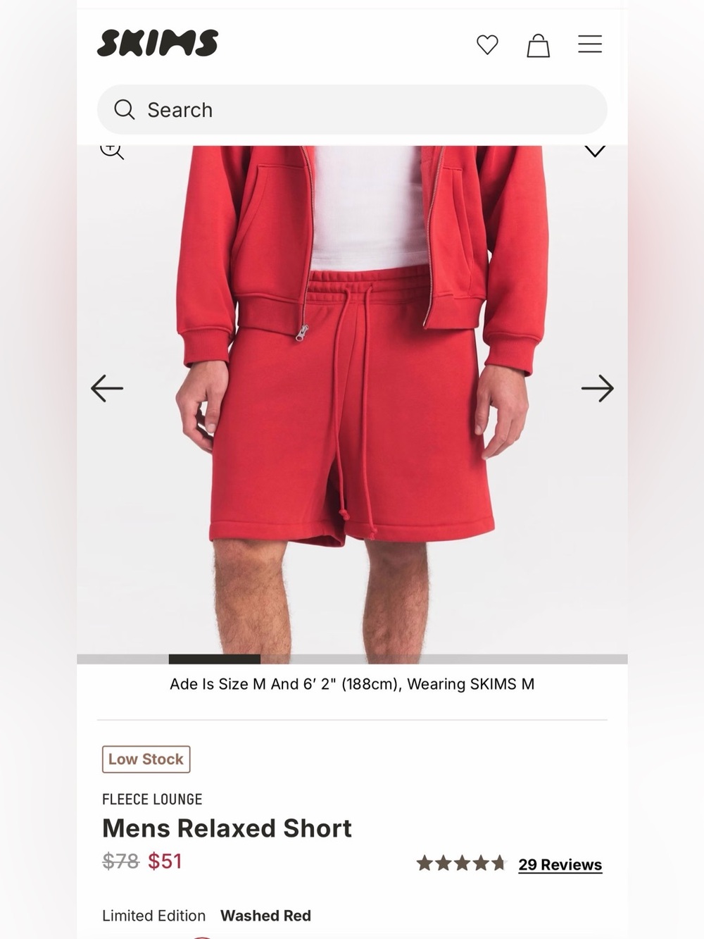 SKIMS Washed Red Men’s Relaxed Fleece Shorts